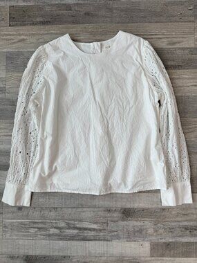 Roolee White Eyelet Lace Sleeve Cotton Blouse Size Large Button Back J7